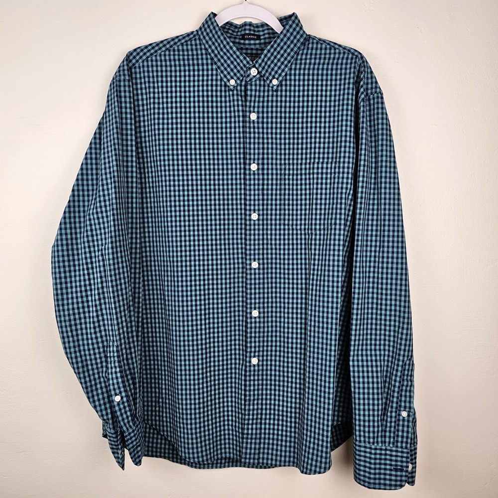 J.Crew Button Down Shirt Mens Large Green Gingham Flex Washed Classic Stretch